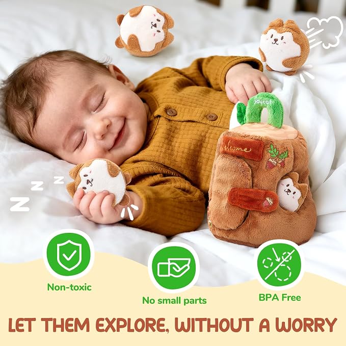 JoyCat Baby Toys 6-12 Months, Soft Treehouse 5 Sensory Squirrels, Rattle | Soft treehouse with 5 sensory squirrels offers rattle, crinkle, squeak and mirror play for baby exploration and learning.