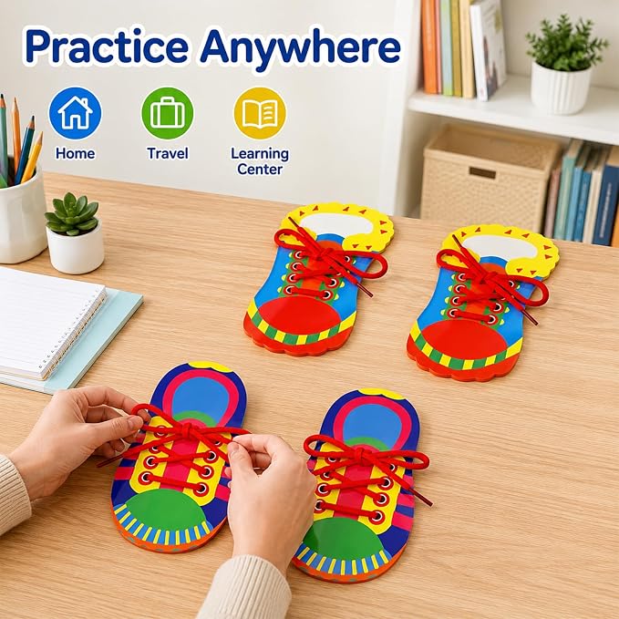 Quixorblex 6 Pcs Shoelace Threading Shoe Tying Practice for Kids Lacing Cards Toddlers Fine Motor Skills Toys Learning Activities Montessori Toys