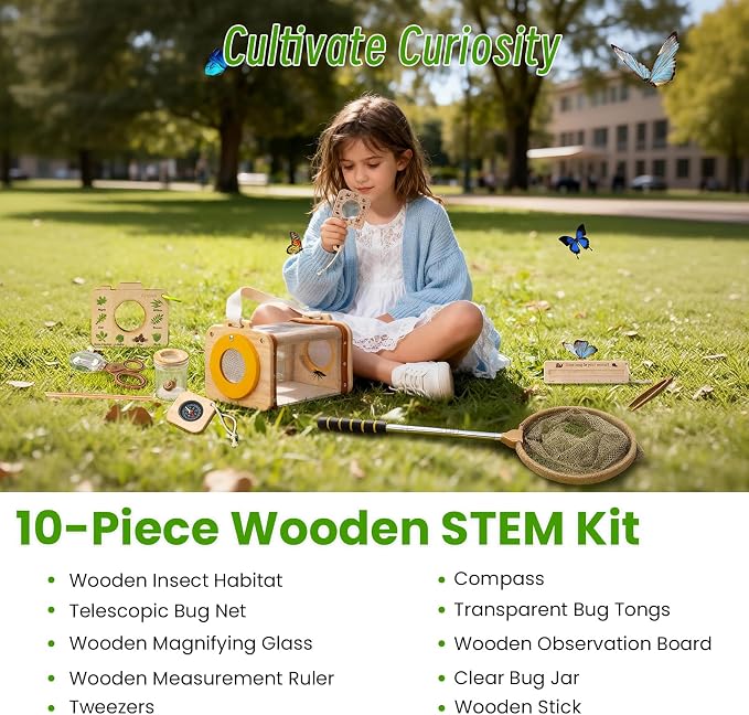 Bug Catching Kit for Kids Ages 3-14, 11PCS Wooden Nature Explorer Set with Butterfly Net, Bug Habitat, Magnifying Glass and Outdoor Insect Tools, Catch-and-Release STEM Educational Toy Gift