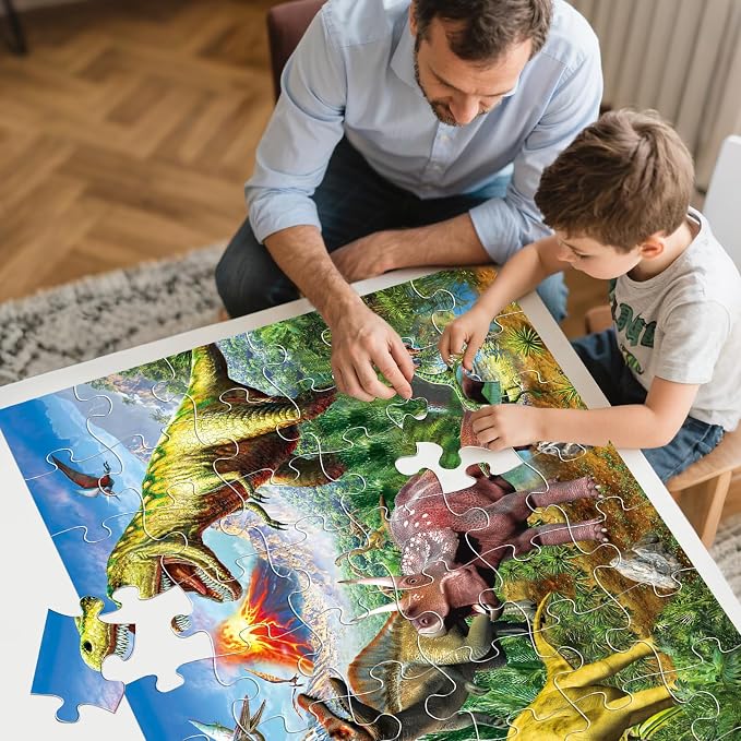 Jumbo Floor Puzzle for Kids,48 Piece Volcano Dino Jigsaw Puzzle Ages 3-8 | Thick Cardboard Volcano Dinosaur Puzzle for Preschool Learning, Toddlers Ages 3-8, 35x24 in Completed,Gift for Boys and Girls