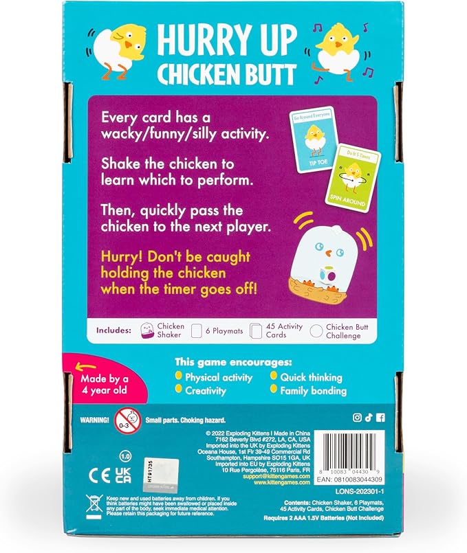 Exploding Kittens Hurry Up Chicken Butt, 2-6 Players, Age 4+ Kids Game | Get the wiggles out with our best‐selling kids game! Jump, laugh, make animal noises, and don’t get stuck with the chicken.