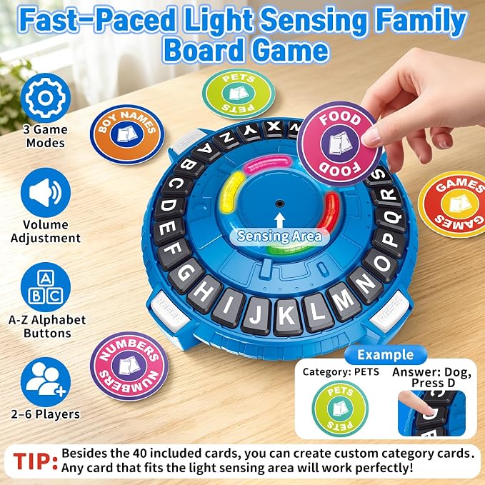 Family Board Game for Kids and Adults, Light-Sensing Word Game with 3 Modes | Fast-Paced 26-Letter Game with Timer for Family Game Nights and Parties, 40 Double-Sided Category Cards, 2–6 Players, Ages 8+