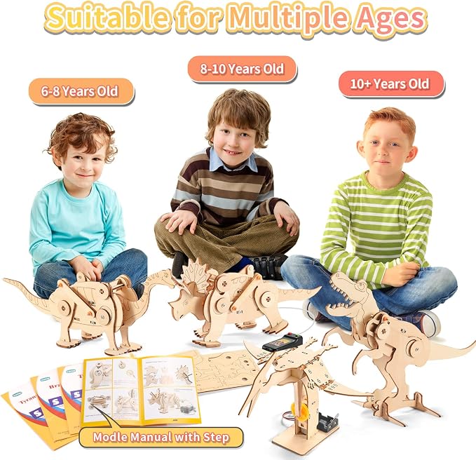 Dinosaur STEM Kits for Kids, 4 in 1 Wood Building Toys for Boys Crafts 8-12 | Build It Yourself Science Woodworking Kit, DIY 3D Wooden Puzzles Model for Kids, Birthday Gift for 8 9 10 11 12 13 Year Old