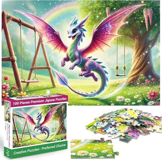 100 Piece Puzzles Rainbow Fly Dinosaur for Kids Girls Boys Ages 4-10 | Learning Educational Jigsaw Puzzles Toys with Full-size Poster, Holiday/ Birthday/Party/School Gifts for Children