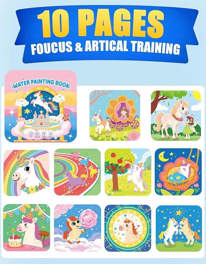 K'ONLE Reusable Water Painting Books, 10 Pages Pony Coloring Books | Mess Free Coloring Book for Toddlers 1-3, Travel Gift for Boys & Girls, Educational Art Activity, Montessori Art