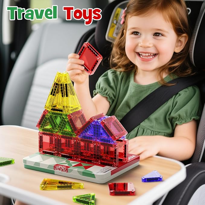 Magnetic Tiles Travel Storage Mini STEM Blocks Festive Box 26PCS 3+ | STEM magnetic building tiles with festive travel box. Great for road trips, airplanes, Montessori play & on-the-go fun