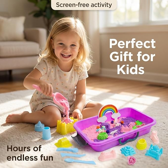 AGENTLAN Unicorn Sensory Bin,Sensory Sand Kit, Gift for Girls Ages 3-8 | Unicorn toys, sensory toys with portable sand box, indoor outdoor kits for girls and boys