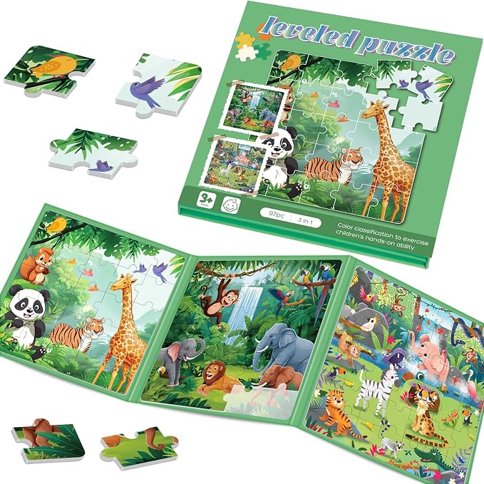 Magnetic Puzzles for Toddlers 3-5 Toddler Puzzle Travel Toys （Animal） | Jigsaw Puzzles for Kids 97-Pieces Travel Toys, Animal Jungle Puzzles Ages 4-6 Road Car Trip & Airplane