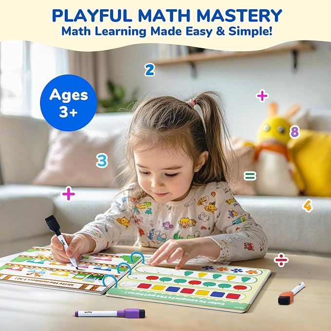 JoyCat Math Busy Book for Toddlers Reusable Preschool Workbook for Ages 3–8 | with 10 Dry-Erase Markers, Number Tracing & Counting Activity Book for Kids, Kindergarten Learning Activities, Travel-Ready