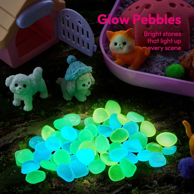 JOVA Klever Kits Cute Pet Sensory Bin for Kids with Glow in The Dark Stones, Sandbox with Lid Dual-Color Sand, Preschool Learning Activities Gifts for Boys Girls Age 3+