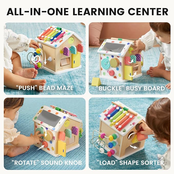Tiny Land 9-in-1 Wooden Activity Cube, Educational Toy for Toddlers | Montessori Baby Activity Center for 1+ Year Old, Ideal Gift for Boys and Girls (Rainbow)