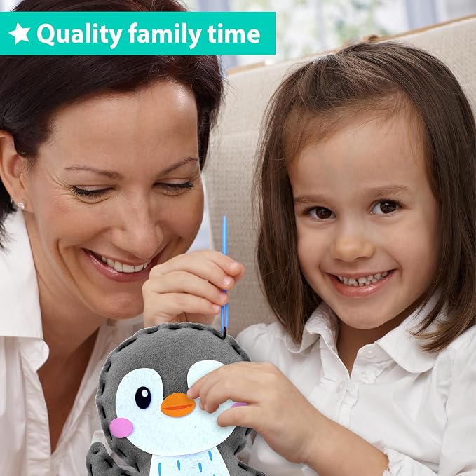 KRAFUN Beginner Sewing Kit, Sew Penguin & Fish, Pre-Cut Felt, Kids Ages 5+ | Beginner Sewing Kit: Sew 2 Plushies, Penguin & Fish. Pre-Cut, Pre-Punched Felt, No Scissors. Safe Plastic Needle for Kids