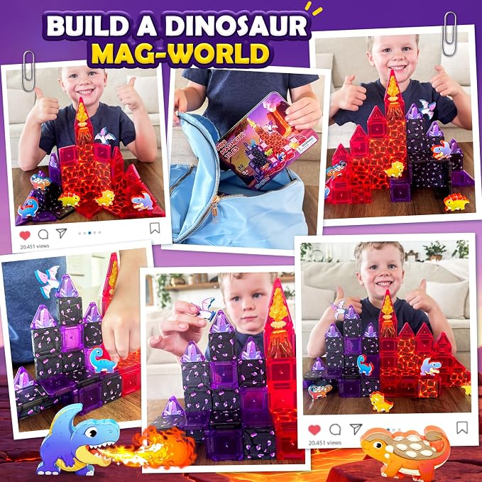 Mini Magnetic Tiles Kids Dinosaur Toys, Magnetic Blocks with 6 Dinosaurs | Road Trip Essentials for Car & Airplane Magnet Tiles STEM Construction Building Toys, Gifts & Toys for Boys Girls Ages 3-12