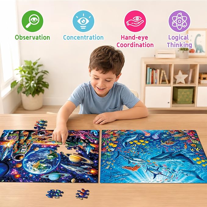 2-Pack Puzzles for Kids Ages 4-6, 100-Piece Puzzles for Kids Ages 6-8 – Space & Ocean, Educational Puzzles for Boys and Girls, Ages 3+(Space & Ocean) | 2-in-1 Space & Ocean Puzzle Set | Educational Puzzles for Ages 6-8, Age-Appropriate Learning Toys, A...