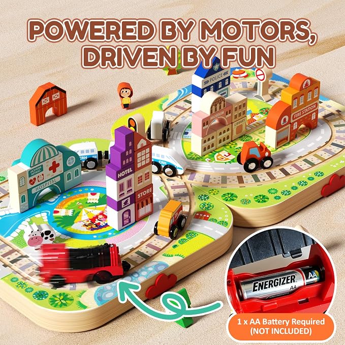 Wooden Train Set for Toddlers, 58 PCS City Building Blocks Toy with Portable Storage Folding Case & Playboard, Montessori STEM Educational Gift for Boys Girls Ages 3-5 4-8