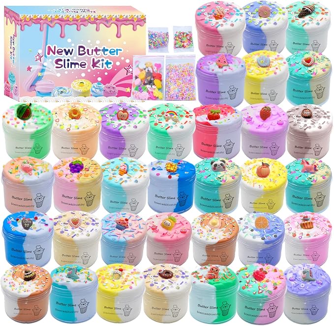 inksbui Butter Slime Kit 34 Packed Two-Toned Colorful Slime, Stress Relief Toys, Party Favors for Kids Girl Boys Kids 6 7 8 9 10 11 12