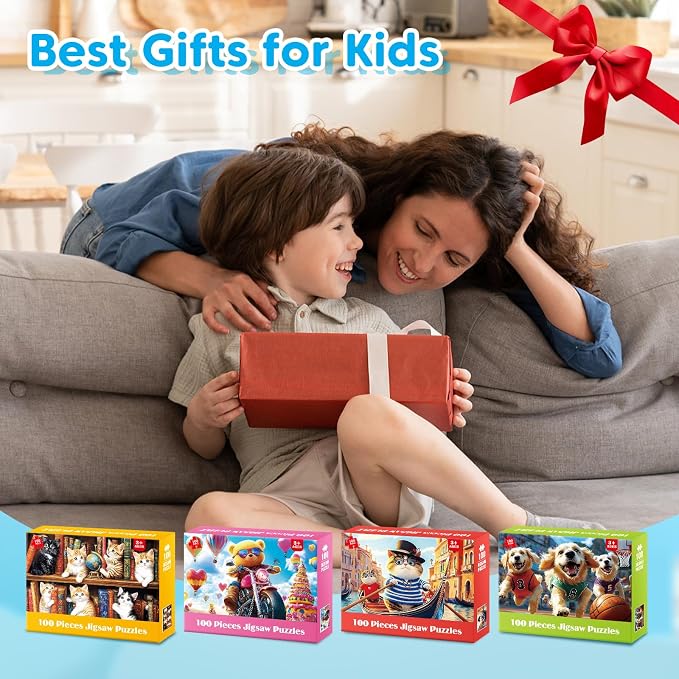 4-Pack 100 Piece Puzzles for Kids Ages 4-6 6-8 8-10 Year Old - Lovely Cats & Bear & Dogs Large Piece Jigsaw Puzzles, Kids Puzzles Learning Educational Toys Christmas Puzzle Gifts for Boys Girls