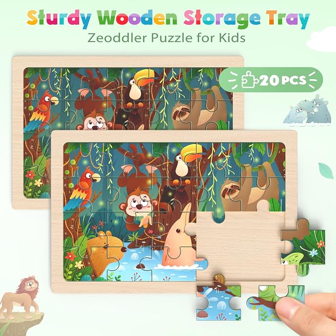 Zeoddler Wooden Puzzles for Toddlers, 4 Pack Animal Jigsaw Puzzles for Kids3-5, 20 Pieces Preschool Learning Activities, Learning & Educational Toys, Gift for Boys, Girls