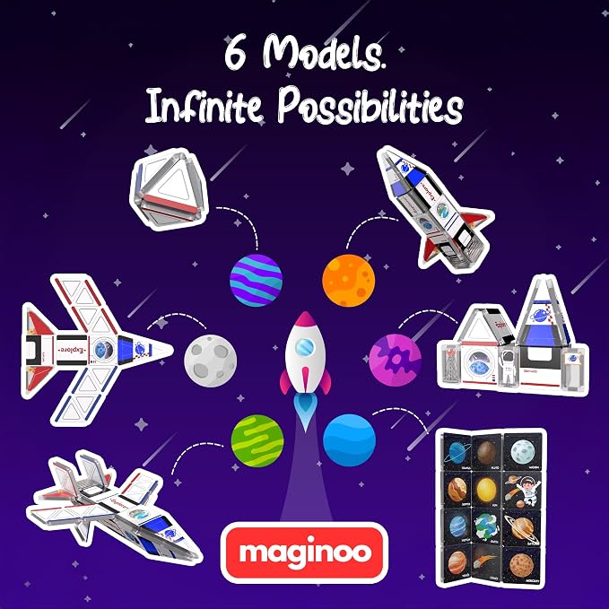 42 Pcs Mini Magnetic Tiles Space Rocket Toys, STEM Building Blocks | STEM construction set with iron travel storage box. Fun birthday gift for kids, boys and girls, ages 3-8.