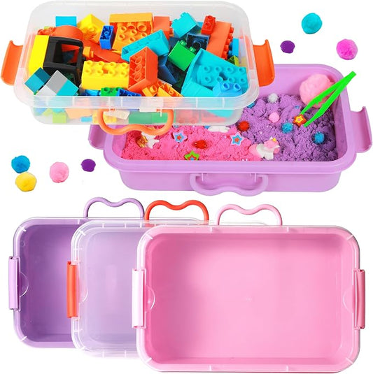 Carolart 3 Pack 12.8 Inch Plastic Storage Bins, Stackable Sensory Bin | Portable containers with lids for sand toy storage, crafts, toys, classroom organization and homeschool activities