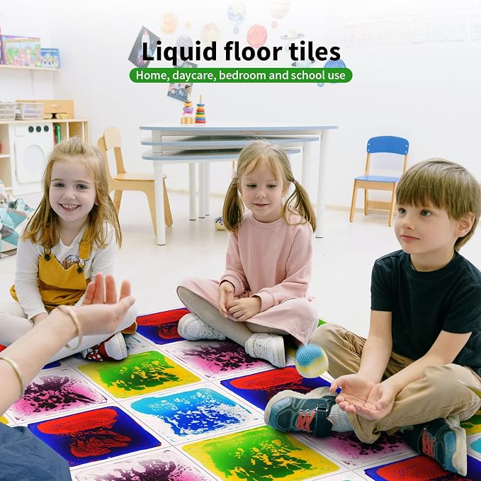 LONGKING 12" X 12" 4-Pack Sensory Floor Tiles for Activity Play Centers for Children, Liquid Tiles, Autism Sensory Poducts | Sensory floor tiles, soft liquid gel, 12"x12", color movement play mat, playroom classroom daycare, 4-pack