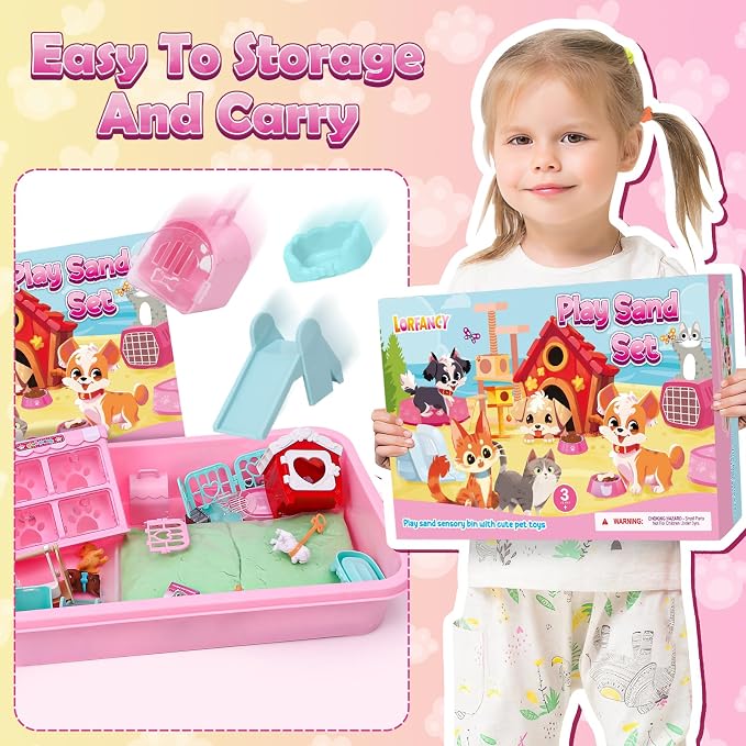 Lorfancy Dog Sandbox Toys Kids Play Sand Kit Toddler Sensory Bin Toy 2.2lbs Sand Pet Dog Figures Care Role Pretend Play Beach Toy Birthday Gift for Girls Boys 3 4 5 6 7 8 Years Old