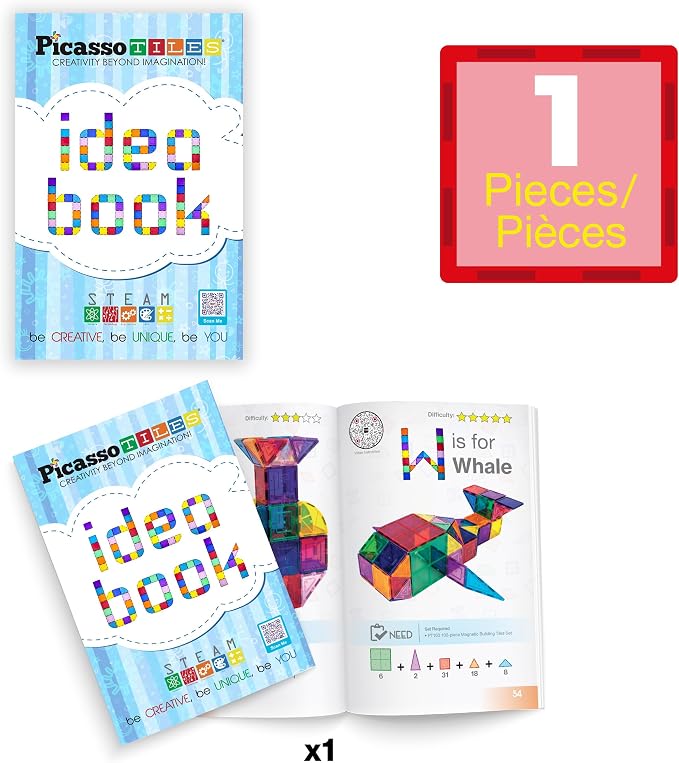 PicassoTiles Magnetic Tile Idea Book, 300 Builds Illustrated Guide, Ages 3+ | 230 pages, bright step-by-step visuals, difficulty scale, STEM skills, race track and marble run inspiration, screen-free fun