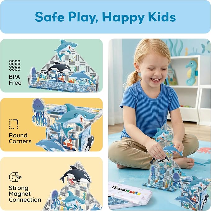 PicassoTiles Magnetic Tiles Aquarium Marine Animal Nano Construction Travel Set with Tin Storage Case Montessori Mini Magnet Tile Traveling STEM Activity Kit Early Learning Boys Girls Ages 3+ PNQ01