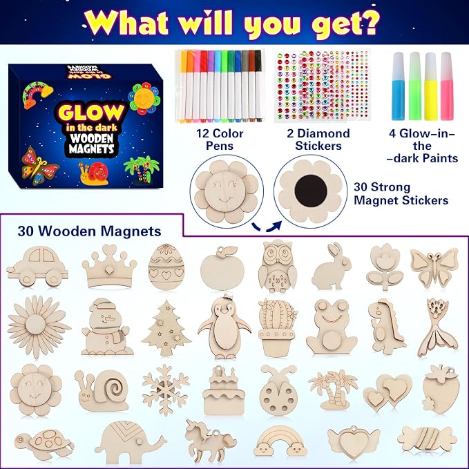 GWAHSA 30pcs DIY Wooden Magnets Glow in The Dark Wooden Art Craft Supplies | Painting Kit for Kids Activities Party Favors for Boys Girls Ages 4-8 8-12 Birthday Gifts Toys Pinata Goodie Bags Stuffers