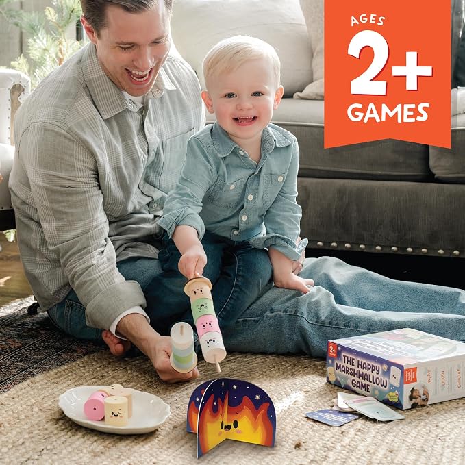 Peaceable Kingdom Happy Marshmallow Toddler Game | A fast, replayable board game. Includes 2 marshmallow roasting sticks and 12 marshmallows. Ages 2+.