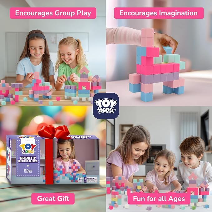 TOY Life Pastel Magnetic Blocks, 64-Piece STEM Set, Ages 3-8 | eight soft colors, smooth ABS cubes, open-ended construction, spatial play, birthday gift