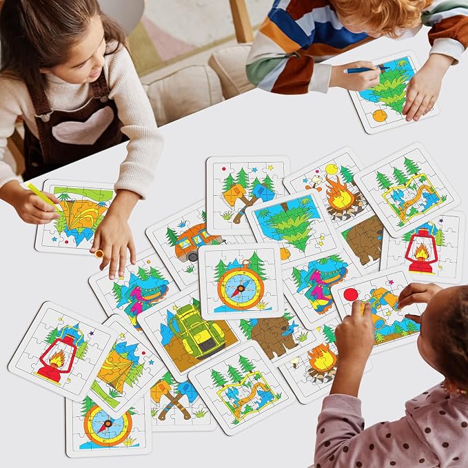 Cinrobiye 24 Pcs Camping Coloring Jigsaw Craft Kit for Kids, DIY Outdoor Adventure Activity Set Bulk with 12 Designs, Happy Camper Party Favors, Classroom Art Projects