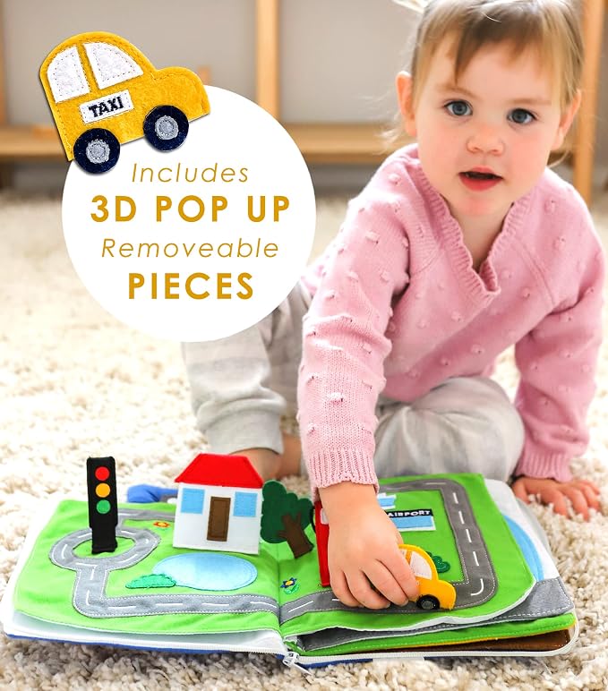 Curious Columbus Away We Go Busy Book, Fabric Travel Activity Quiet Book | 10 Colorful Vacation-Themed Pages, Motor Skill Activities, Sewn-In and Removable Pieces, 3D Pop-Ups, Airplane Travel Toy