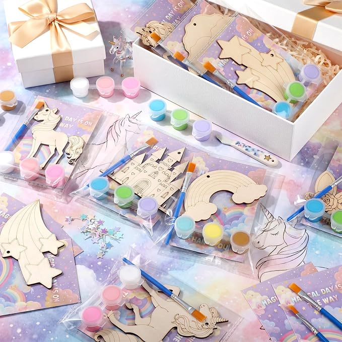 Saypacck 24 Pcs Rainbow Unicorn Party Favors Wooden Paint Craft Kits | Rainbow Designs with Paints, Packaged for Goodie Bag Fillers, Fun Craft Activity, Thank You Gifts and Decorations