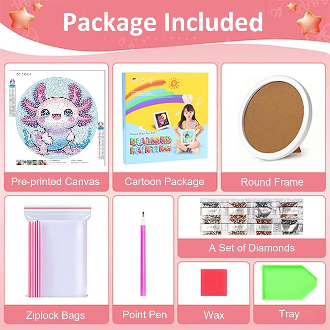 Gemozaic Axolotl Diamond Art Kits for Kids Ages 8-12, Round Frame, 8 x 8 in | Cute Animal Diamond Art for Kids 8 9 10 12 Year Old, Easy Kid Gem Painting, Amphibians Arts and Crafts for Girl Birthday Gift