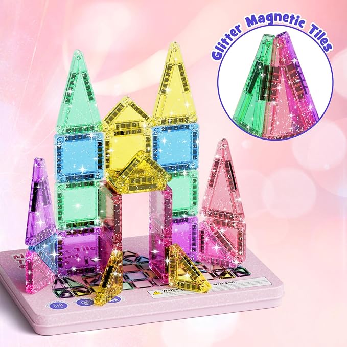 WMXDU 42-Piece Glitter Magnetic Tiles Travel Set with Pink Metal Box - Portable STEM Building Blocks for Kids Ages 3-8 Boys & Girls STEM Montessori Educational Toys for Airplane Car Rides