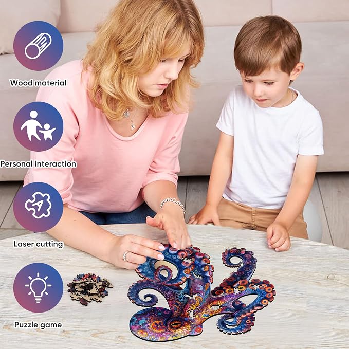 Mys Aurora Octopus Puzzles for Adults, 300 Pieces Wooden Jigsaw Puzzles | 5MM Thick Unique Shape Puzzle Ocean Wood Puzzles for Adults and Kids Birthday Gifts Family Game 12.7 x 13 Inch