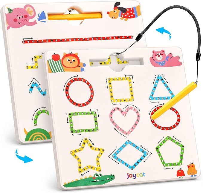 JoyCat Magnetic Animal Shapes and Lines Tracing Board, Pencil Control Toy | 2-in-1 double-sided toy builds pencil control for toddlers; preschool learning and road trip car activities for kids.