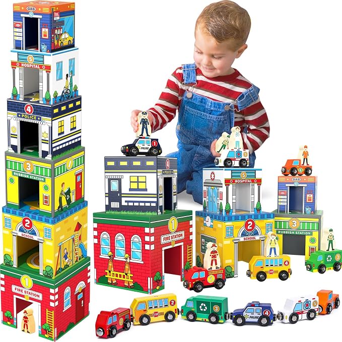 Atoylink Toddler Sorting and Stacking Toys with Magnetic Wooden Cars & Community Helpers, Baby Number Blocks Nesting Boxes Preschool Learning Montessori Toys for 2 3 Year Old Boys Girls Gift