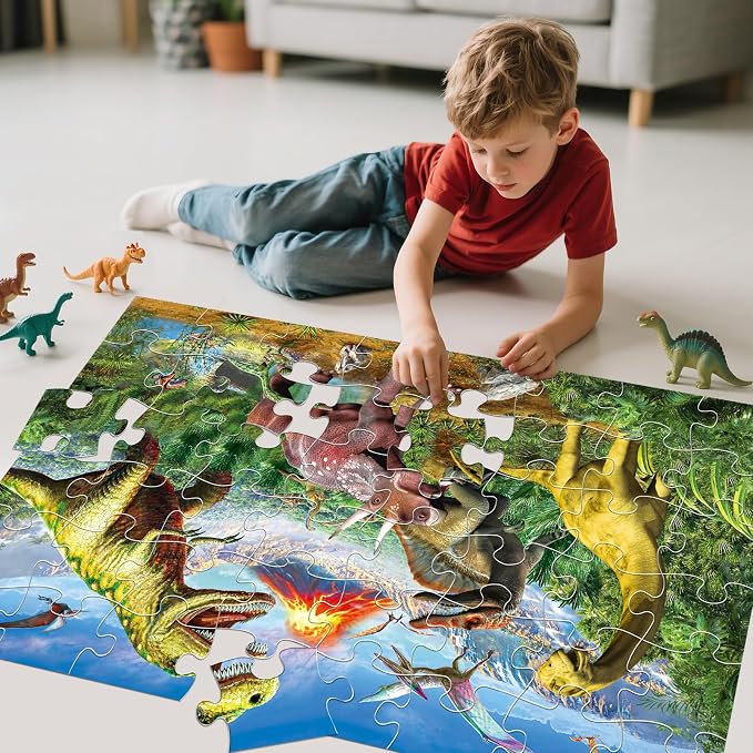 Jumbo Floor Puzzle for Kids,48 Piece Volcano Dino Jigsaw Puzzle Ages 3-8 | Thick Cardboard Volcano Dinosaur Puzzle for Preschool Learning, Toddlers Ages 3-8, 35x24 in Completed,Gift for Boys and Girls