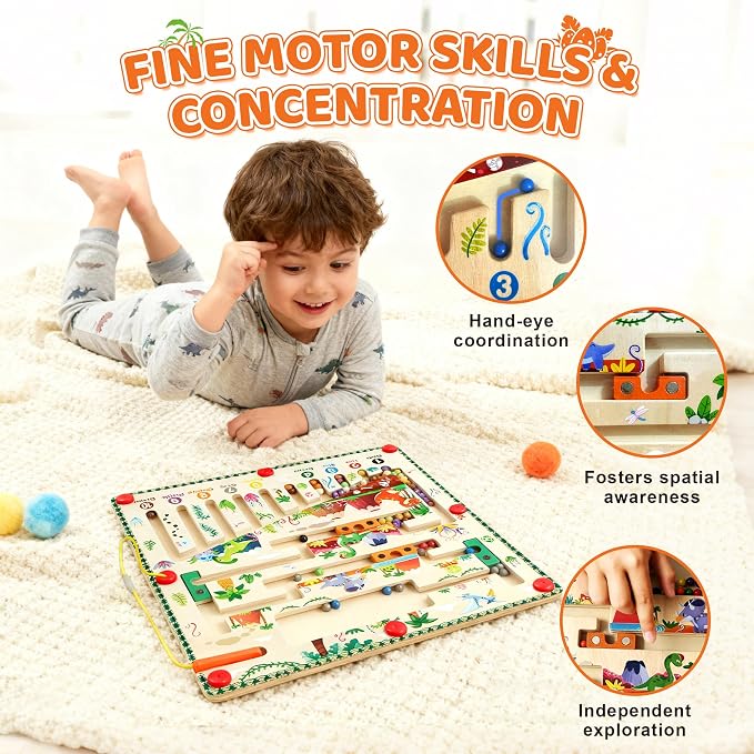 Magnetic Maze for Toddlers 3+, Dinosaur | Color and Number Maze, Montessori Wooden Color Sorting & Counting Board, Fine Motor Skills Preschool Learning Toy