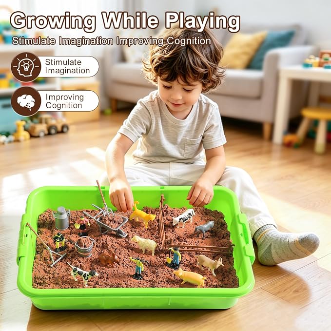 Farm Sensory Bin, 3.3lbs Magic Sand, Farm Play Sand Kit Toy for Kids | Farm Sensory Sand Kit with 8 Farm Animals, 4 Farmers, Fence, Toy Truck, Tools, Birthday Gift for Boys Girls Ages 3+