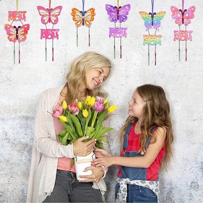 Fennoral 12 Pack Butterfly MOM Wind Chime Kit for Kids Make You Own Mother's Day Craft Kit DIY Coloring Wooden Art and Craft for Mom's Birthday Decoration from Son Daughter