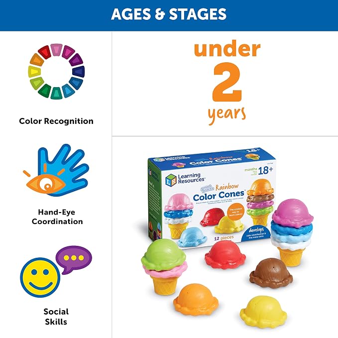 Learning Resources Smart Snacks Rainbow Color Cones - Ice Cream Toy Scoop, Sensory Play Food, Fine Motor for Toddlers, Color Sorting and Stacking , Montessori Kitchen, Preschool Activities