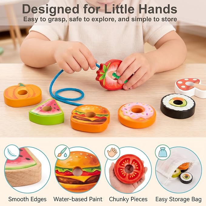 Wooden Caterpillar Lacing Toy, Fine Motor Skills Preschool Gift | 10 Fruit and Vegetable Threading Beads with 10 Double-Sided Pattern Cards, Montessori Toy for Toddlers