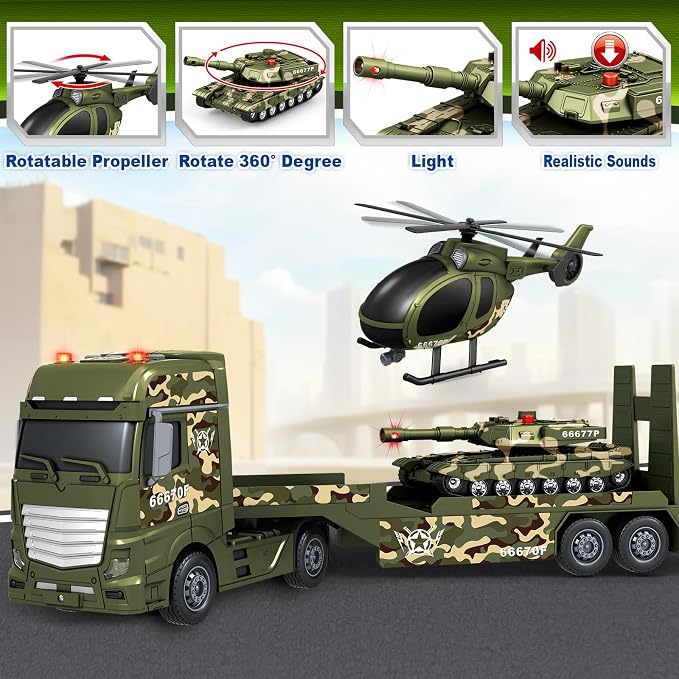Bstoyder Toddler Boy Toys for 3 4 5 6 7 Years Kids, 25" Semi Army Truck Toy with Helicopters and Tank, Friction Powered Military Toys with Lights and Sounds, Birthday for Boy Girls