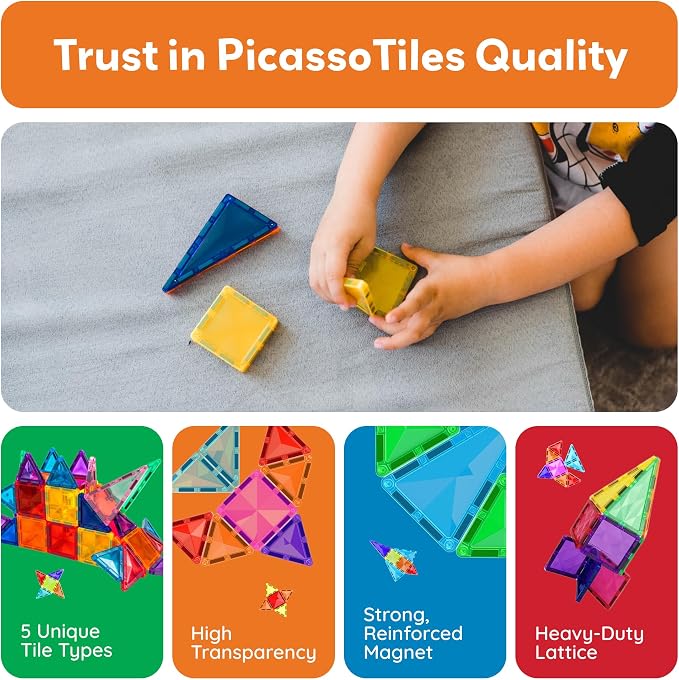 PicassoTiles 60 pcs Mini Magnetic Tiles Magnet Toys Travel-Friendly On-The-Go Building Blocks for Kids Compact Lightweight Creative playset Preschool Montessori Early Learning STEM Kids Toy Ages 3+.