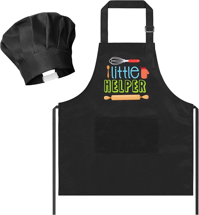 R HORSE 2 Pieces Kid Apron and Chef Hat Set, Dress up Role Play Chef Toy | Black Little Helper Adjustable Kid Kitchen Apron with Pockets, Ideal for Cooking, Baking, Painting, Cooking Birthday Gift