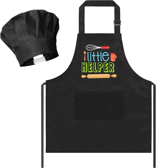 R HORSE 2 Pieces Kid Apron and Chef Hat Set, Dress up Role Play Chef Toy | Black Little Helper Adjustable Kid Kitchen Apron with Pockets, Ideal for Cooking, Baking, Painting, Cooking Birthday Gift