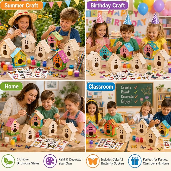 Sawysine 107 DIY Birdhouse Kits, Wooden Bird House Round Entrance | 48 Wooden Bird House Kits in 6 Shapes and 57 Butterfly Sticker for Children Fall Craft Activity Art DIY Project